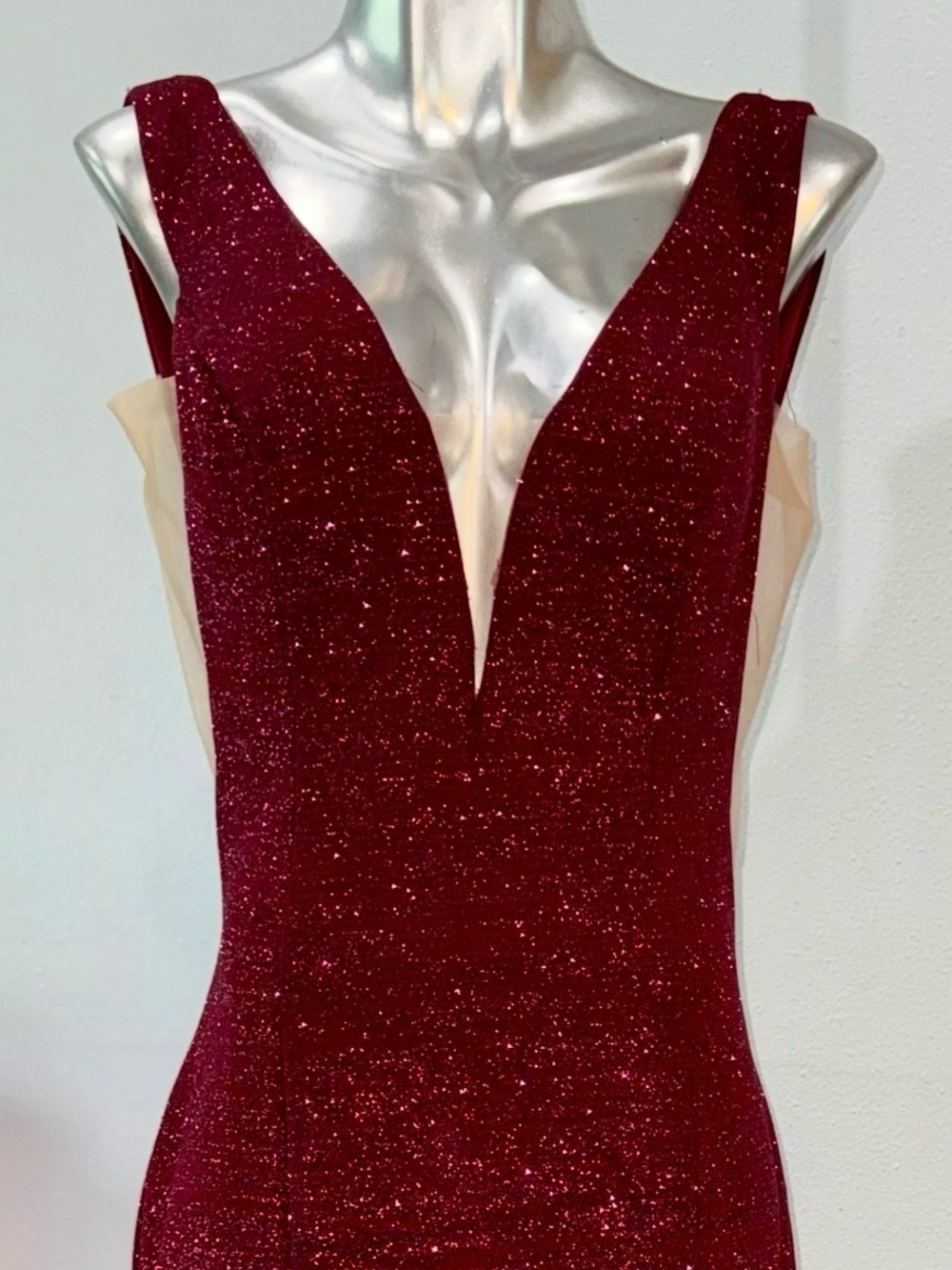 Jovani Sparkling Deep Red Plunge Neck Maxi Dress